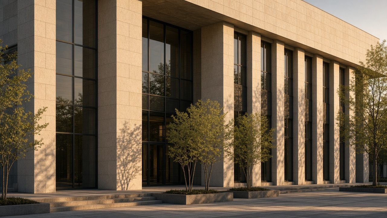 Stone and glass facade of a commercial building