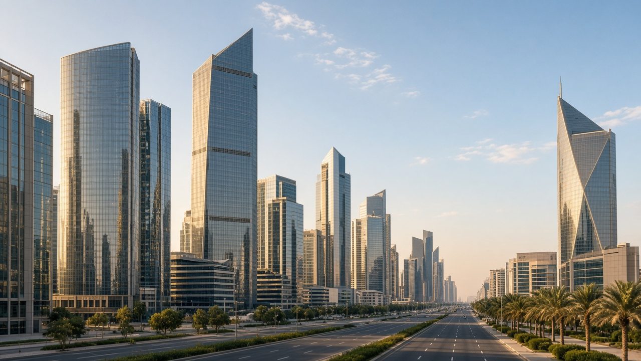 Glass towers along a city avenue